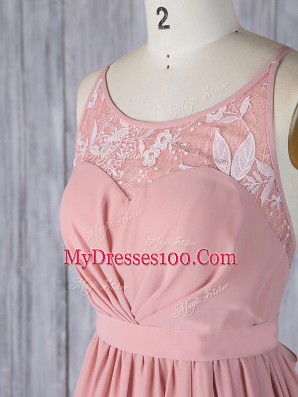 Best Pink Empire Chiffon Scoop Sleeveless Appliques Floor Length Criss Cross Bridesmaid Gown