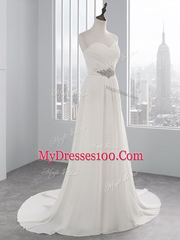 Glamorous Lace Up Wedding Gown White for Wedding Party with Beading and Ruching Brush Train