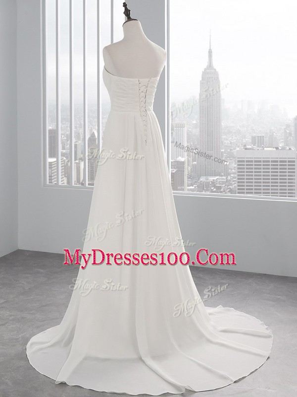 Glamorous Lace Up Wedding Gown White for Wedding Party with Beading and Ruching Brush Train