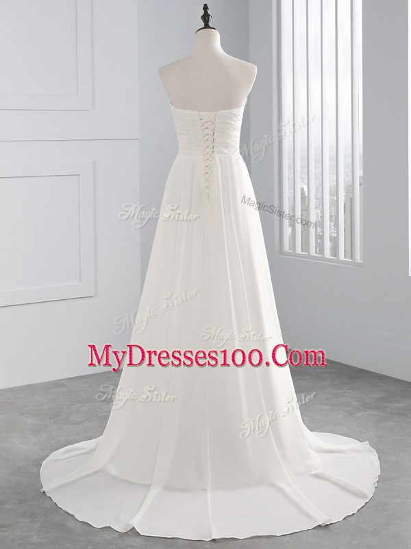 Glamorous Lace Up Wedding Gown White for Wedding Party with Beading and Ruching Brush Train