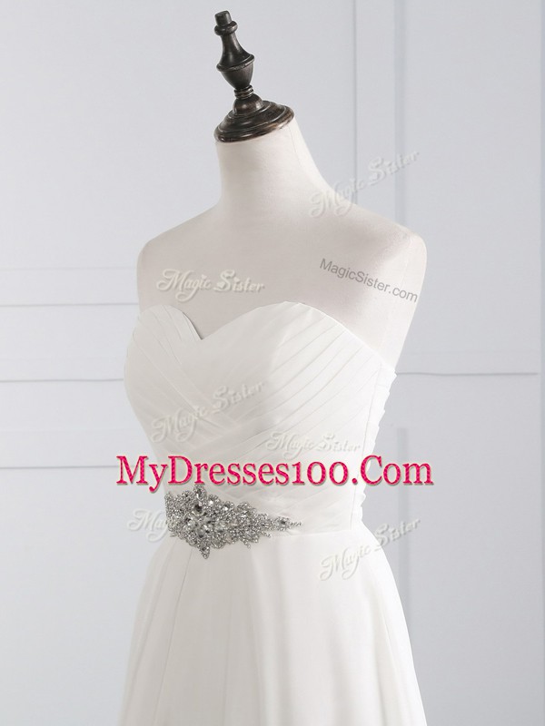 Glamorous Lace Up Wedding Gown White for Wedding Party with Beading and Ruching Brush Train