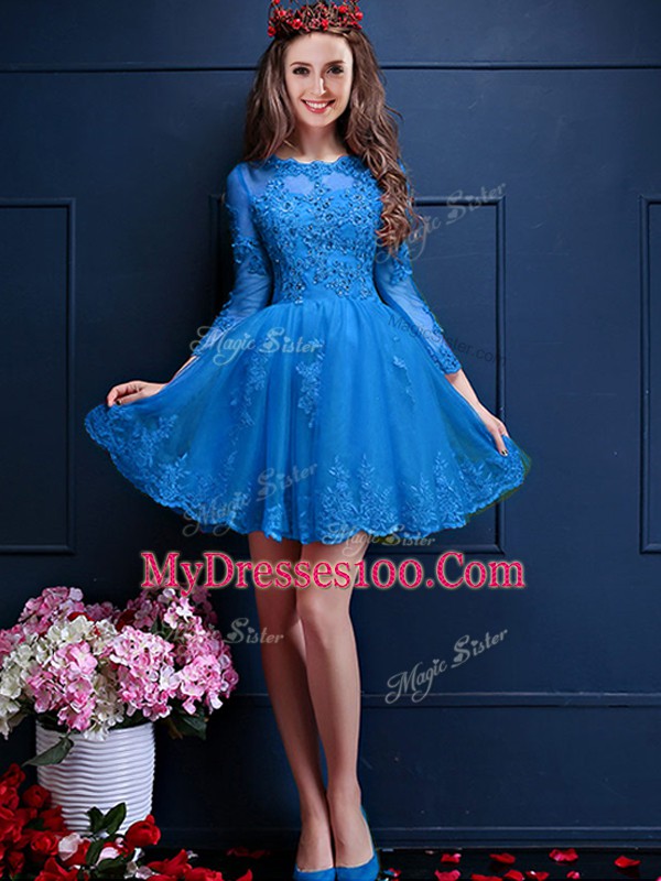 Decent Teal Scalloped Neckline Beading and Lace and Appliques Bridesmaid Dresses 3 4 Length Sleeve Lace Up