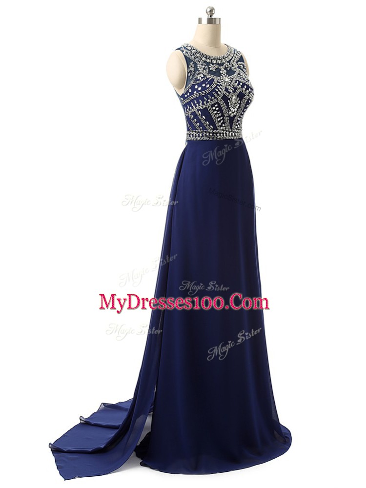 Extravagant Scoop Sleeveless Brush Train Zipper Prom Dress Navy Blue Chiffon