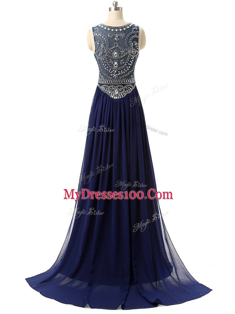 Extravagant Scoop Sleeveless Brush Train Zipper Prom Dress Navy Blue Chiffon