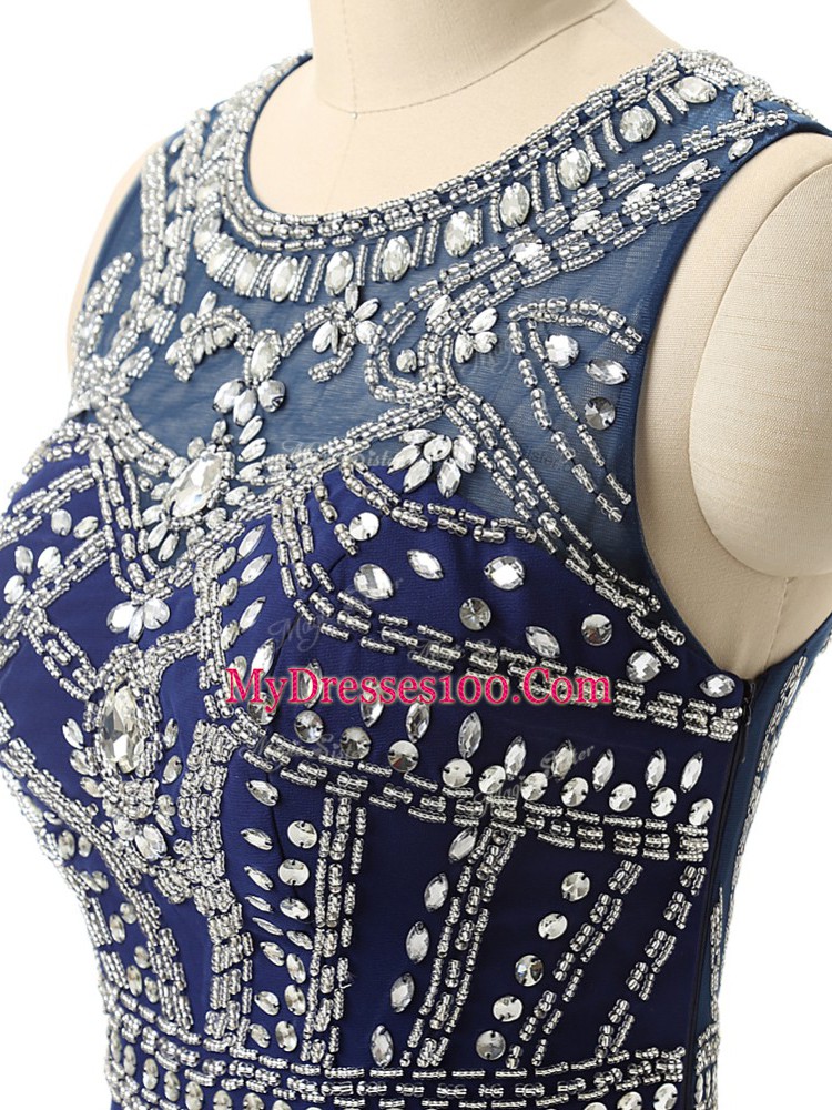 Extravagant Scoop Sleeveless Brush Train Zipper Prom Dress Navy Blue Chiffon