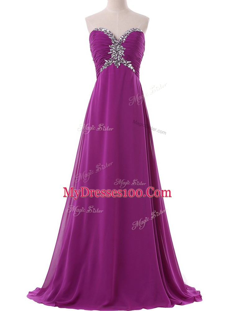 Edgy Sweetheart Sleeveless Brush Train Lace Up Prom Dresses Eggplant Purple Chiffon
