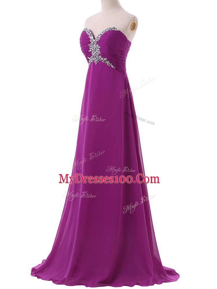 Edgy Sweetheart Sleeveless Brush Train Lace Up Prom Dresses Eggplant Purple Chiffon