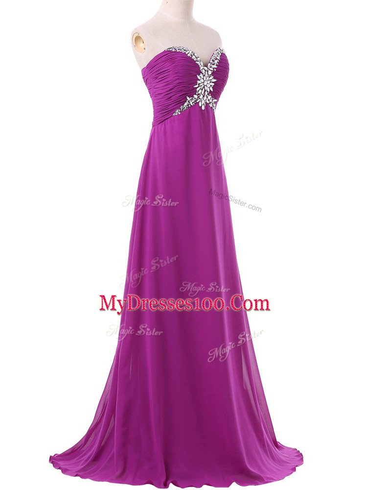 Edgy Sweetheart Sleeveless Brush Train Lace Up Prom Dresses Eggplant Purple Chiffon
