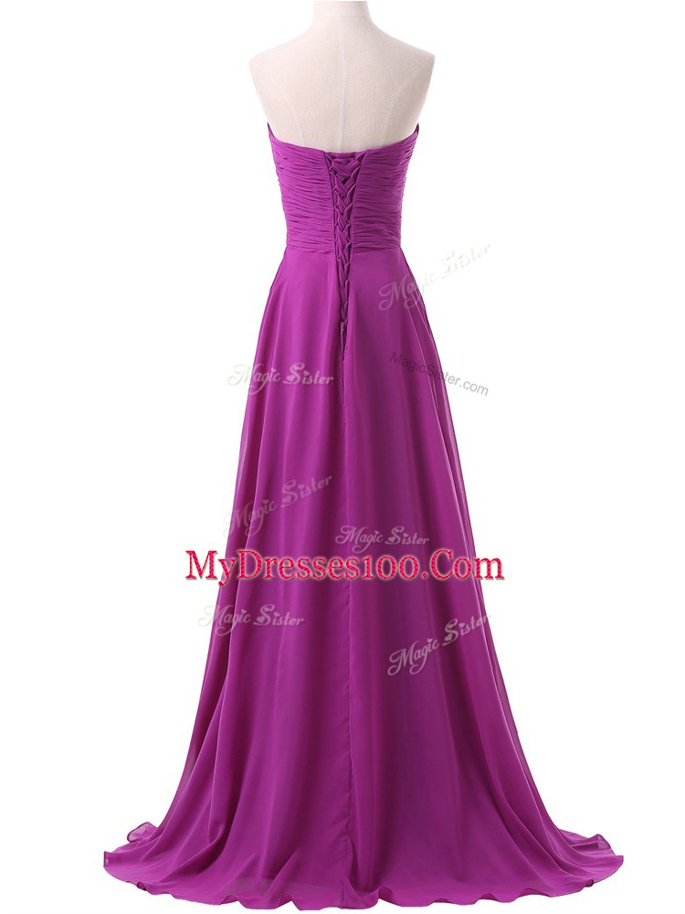 Edgy Sweetheart Sleeveless Brush Train Lace Up Prom Dresses Eggplant Purple Chiffon