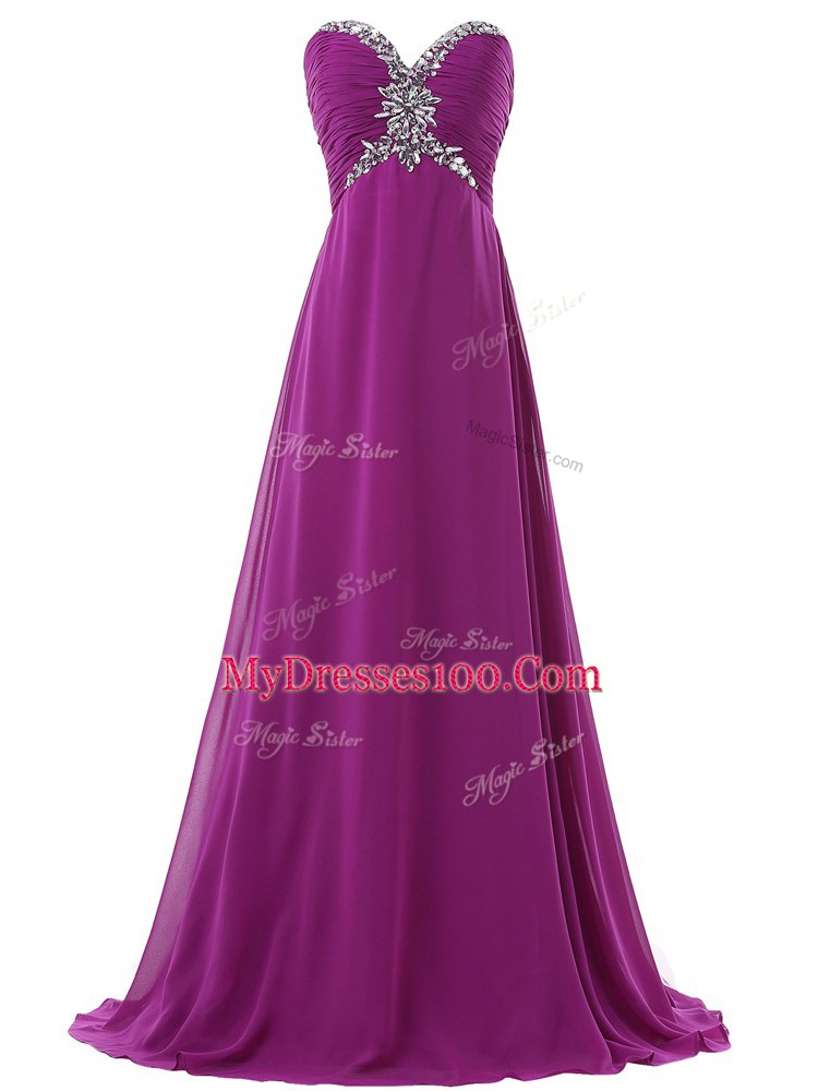 Edgy Sweetheart Sleeveless Brush Train Lace Up Prom Dresses Eggplant Purple Chiffon