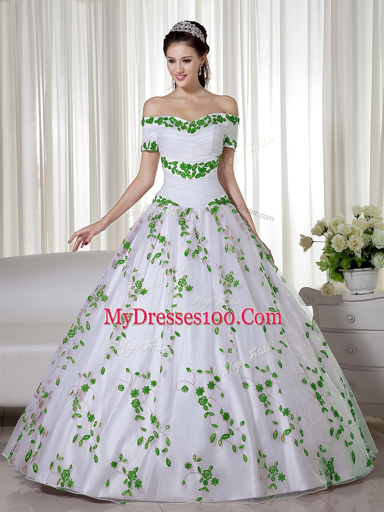 Fancy Organza Short Sleeves Floor Length Sweet 16 Dresses and Embroidery