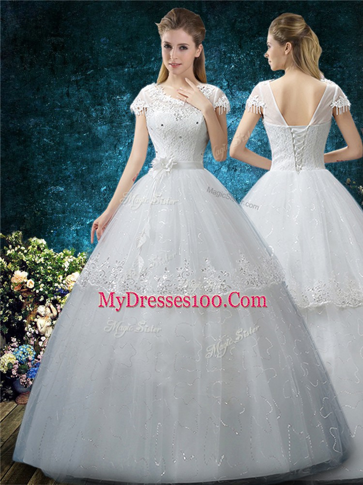 Sumptuous Short Sleeves Embroidery Lace Up Wedding Dresses