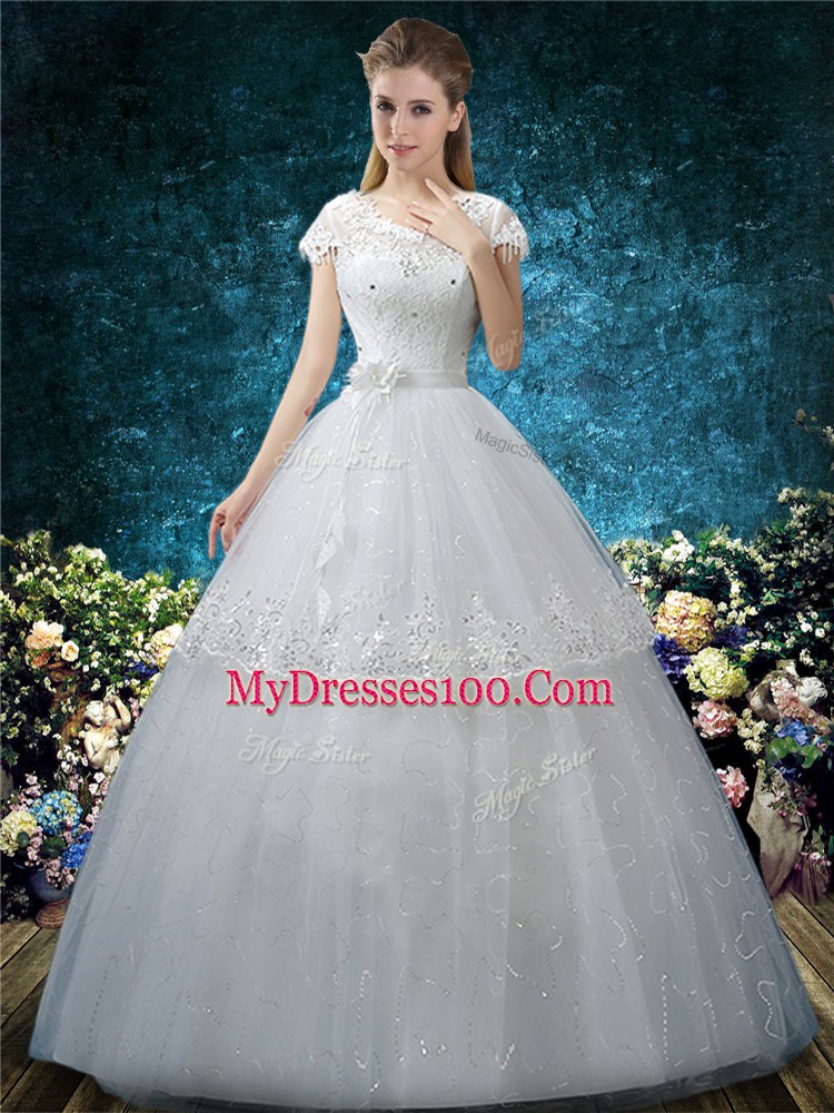 Sumptuous Short Sleeves Embroidery Lace Up Wedding Dresses