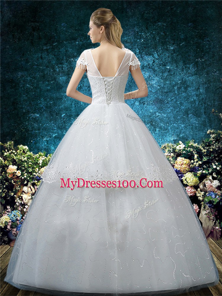 Sumptuous Short Sleeves Embroidery Lace Up Wedding Dresses