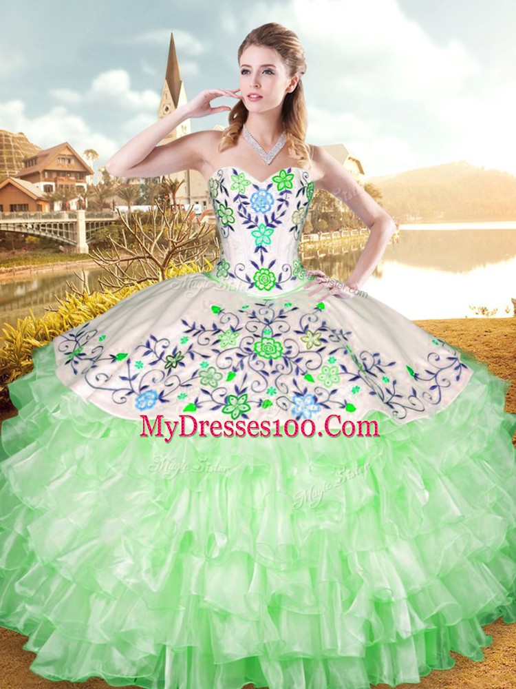 Floor Length Lace Up Sweet 16 Dresses for Military Ball and Sweet 16 and Quinceanera with Embroidery and Ruffled Layers