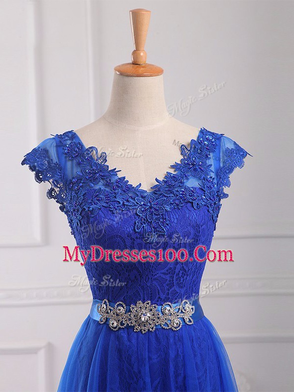 Pretty Short Sleeves Beading and Lace and Appliques and Belt Lace Up Custom Made
