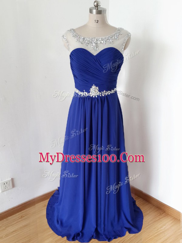 Royal Blue Prom Evening Gown Prom and Military Ball and Beach with Beading and Ruching Scoop Short Sleeves Zipper