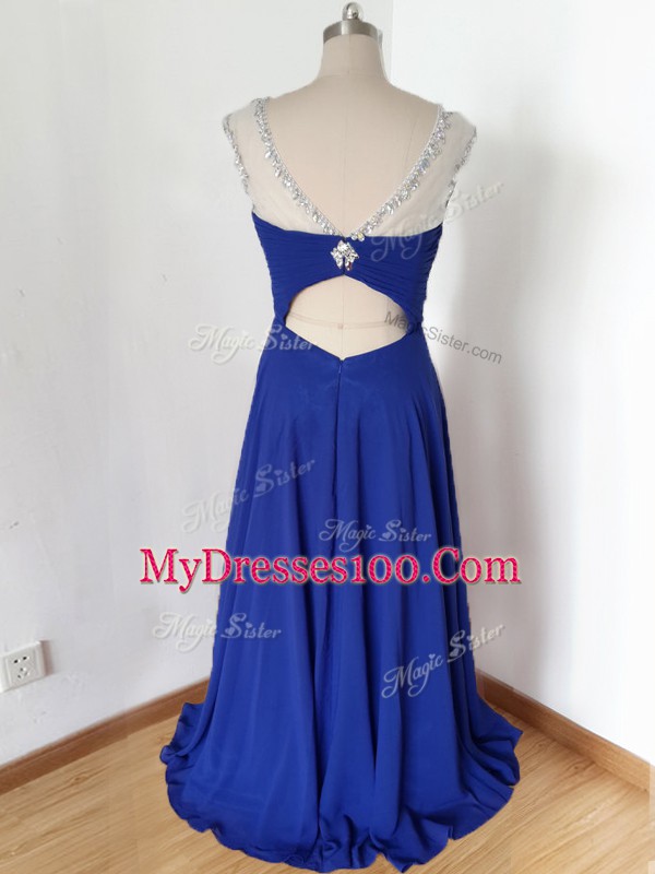 Royal Blue Prom Evening Gown Prom and Military Ball and Beach with Beading and Ruching Scoop Short Sleeves Zipper