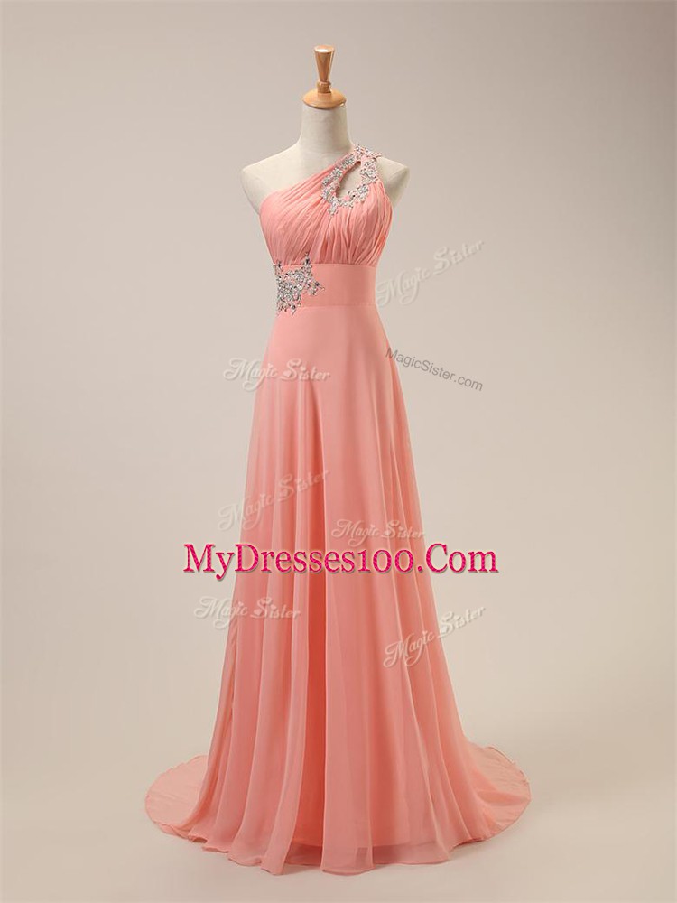 Lovely Chiffon One Shoulder Sleeveless Brush Train Zipper Beading Wedding Party Dress in Watermelon Red
