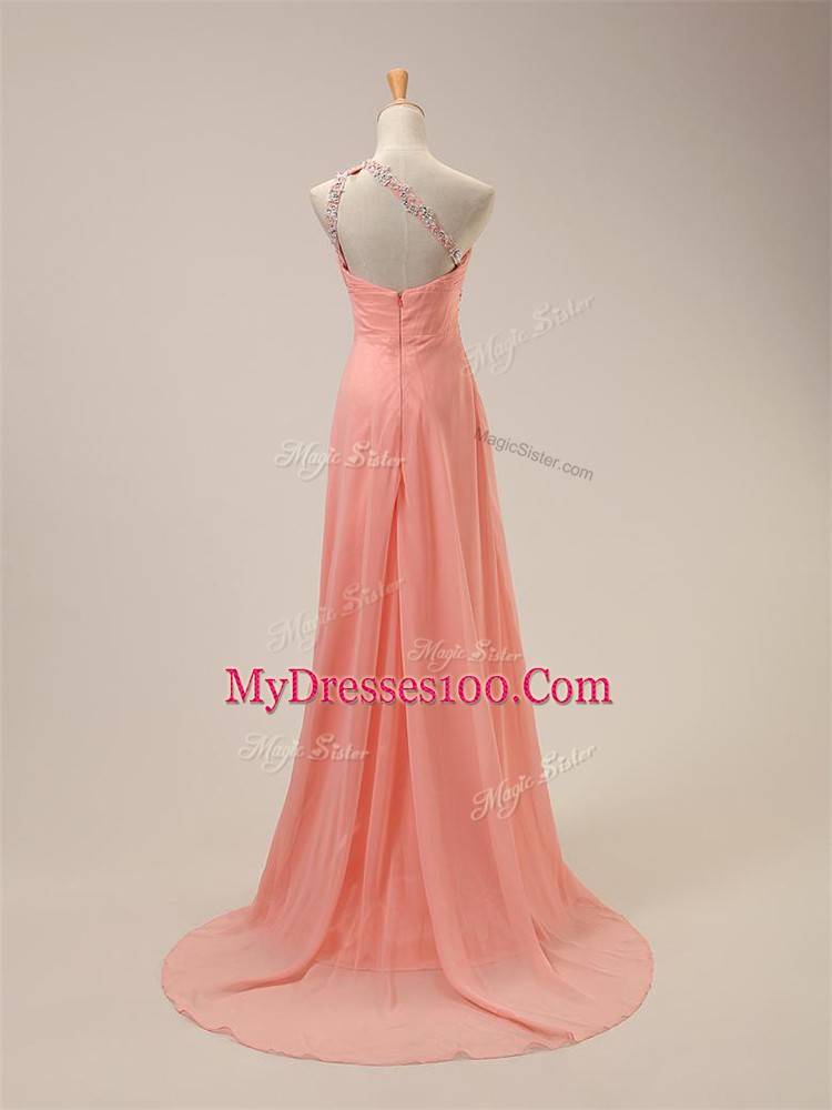 Lovely Chiffon One Shoulder Sleeveless Brush Train Zipper Beading Wedding Party Dress in Watermelon Red