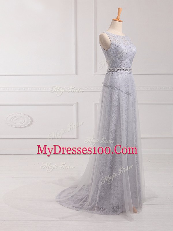 Sleeveless Tulle and Lace Brush Train Zipper Bridesmaids Dress in Grey with Beading and Lace