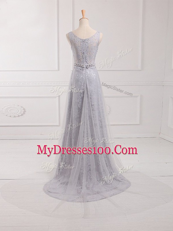Sleeveless Tulle and Lace Brush Train Zipper Bridesmaids Dress in Grey with Beading and Lace