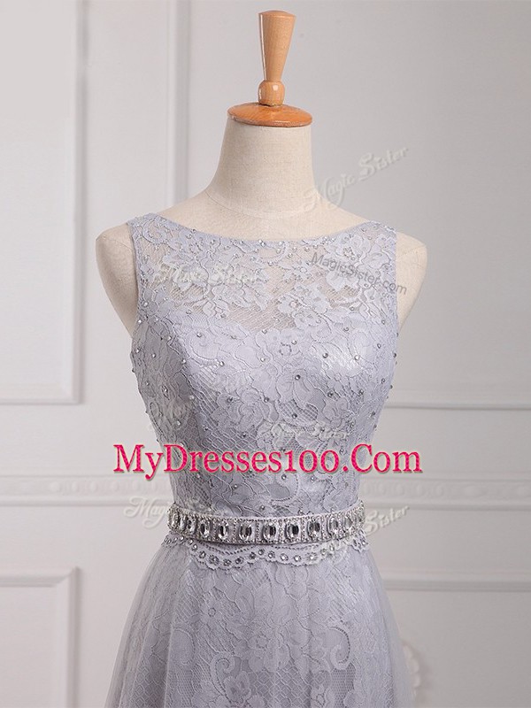 Sleeveless Tulle and Lace Brush Train Zipper Bridesmaids Dress in Grey with Beading and Lace