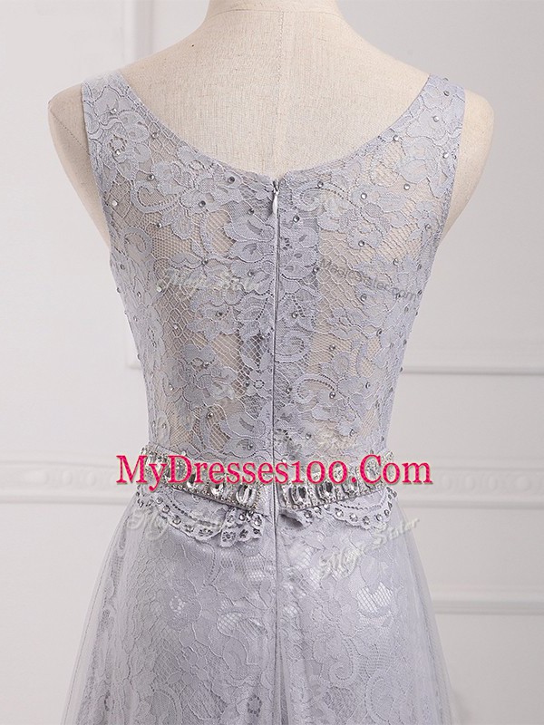 Sleeveless Tulle and Lace Brush Train Zipper Bridesmaids Dress in Grey with Beading and Lace