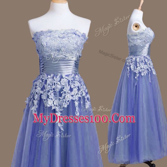 Nice Lavender Sleeveless Tea Length Appliques Lace Up Bridesmaid Dress