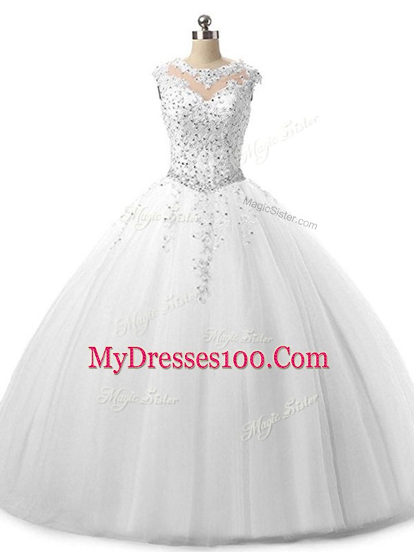 Hot Selling White Sleeveless Beading and Lace Floor Length Sweet 16 Dress