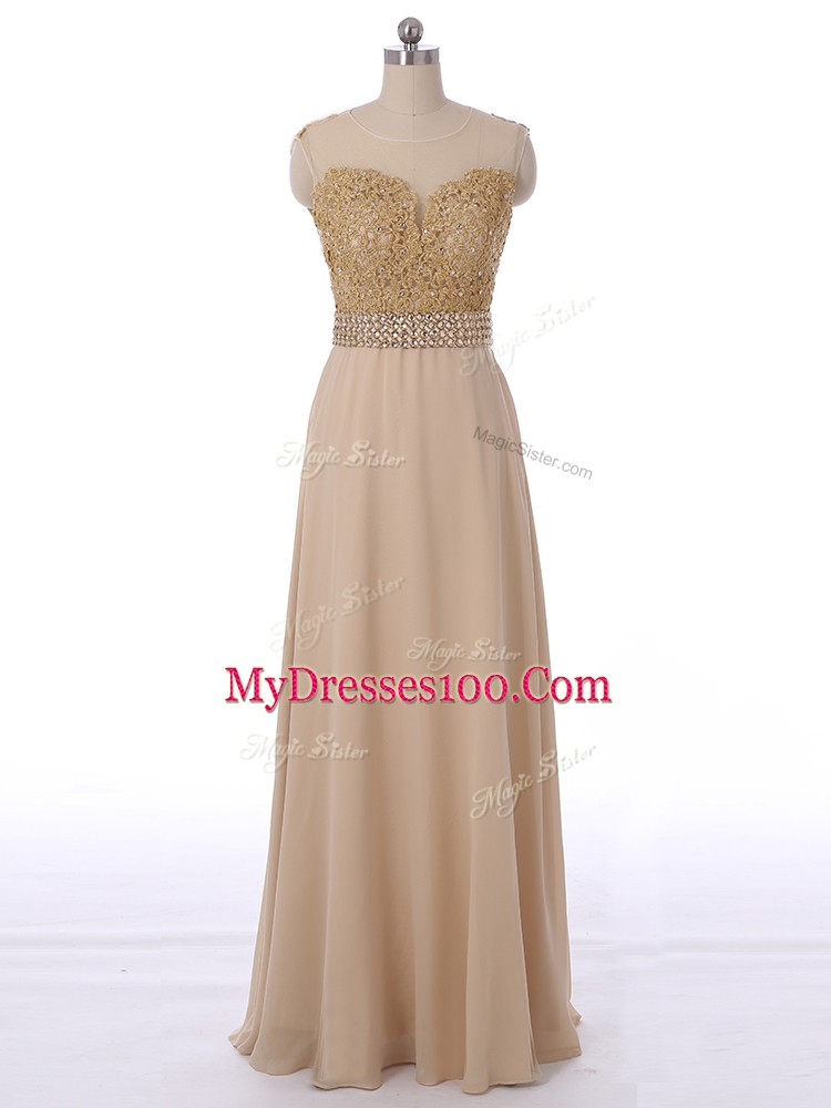 Scoop Sleeveless Bridesmaid Dresses Floor Length Beading Champagne Chiffon