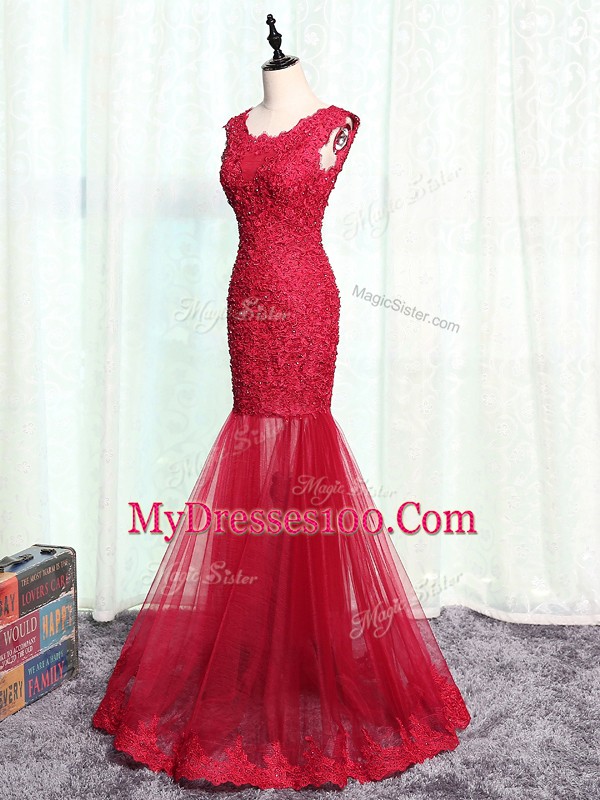 Lace and Appliques Mother Of The Bride Dress Red Zipper Sleeveless Floor Length