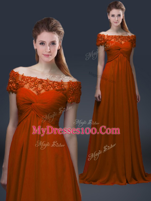 High Class Off The Shoulder Short Sleeves Lace Up Mother of the Bride Dress Rust Red Chiffon