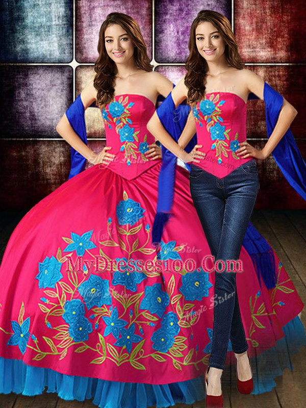 Eye-catching Strapless Sleeveless Quinceanera Gown Floor Length Embroidery Hot Pink Taffeta