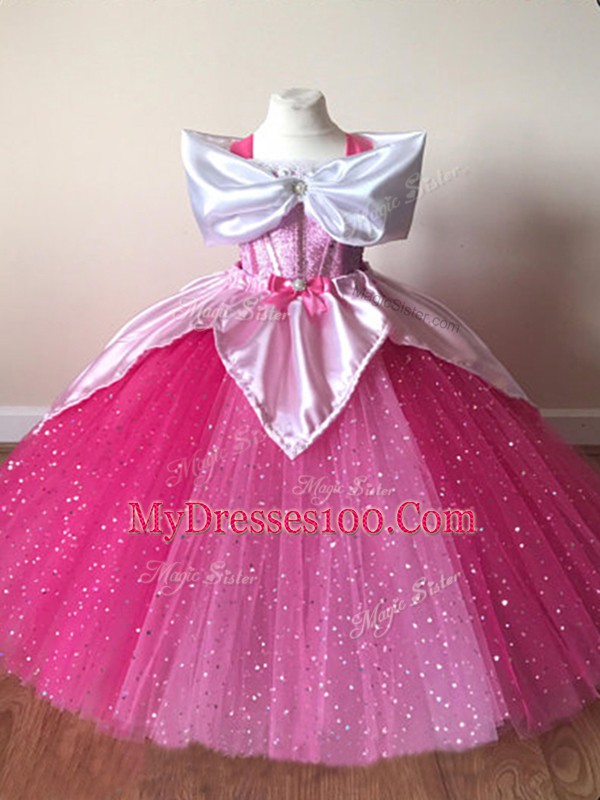 Custom Design Floor Length Ball Gowns Short Sleeves Fuchsia Kids Pageant Dress Zipper