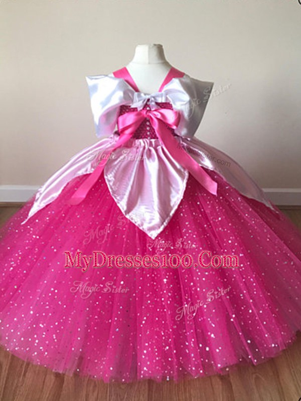 Custom Design Floor Length Ball Gowns Short Sleeves Fuchsia Kids Pageant Dress Zipper