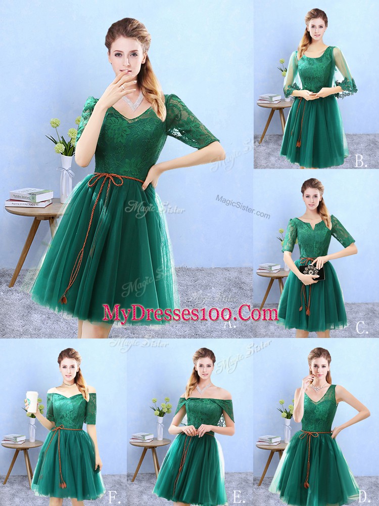 Excellent V-neck Half Sleeves Tulle Bridesmaid Dresses Lace Backless