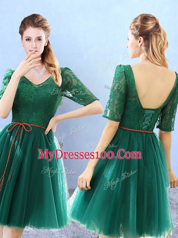 Excellent V-neck Half Sleeves Tulle Bridesmaid Dresses Lace Backless