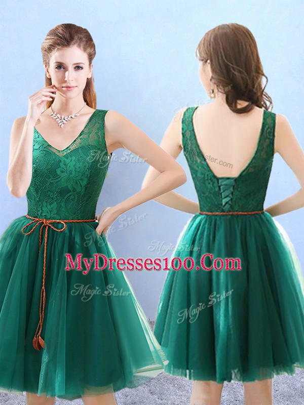 Excellent V-neck Half Sleeves Tulle Bridesmaid Dresses Lace Backless