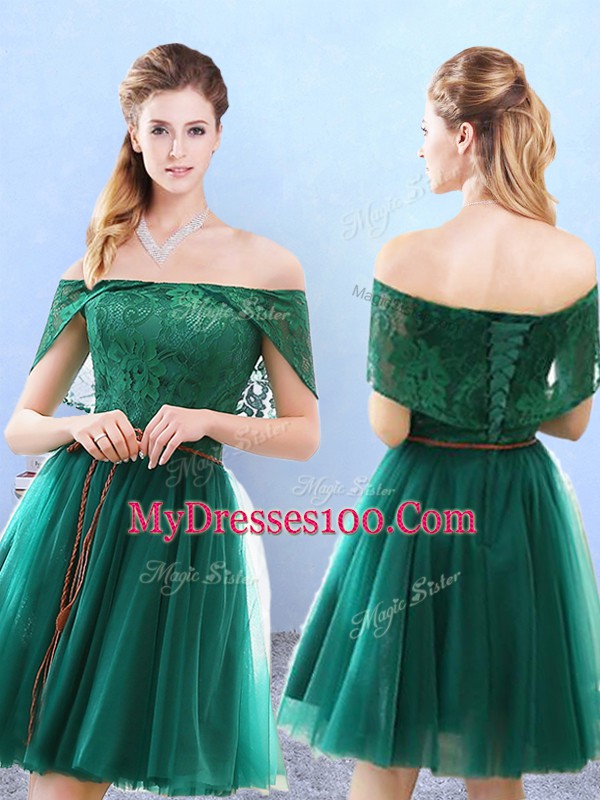 Excellent V-neck Half Sleeves Tulle Bridesmaid Dresses Lace Backless