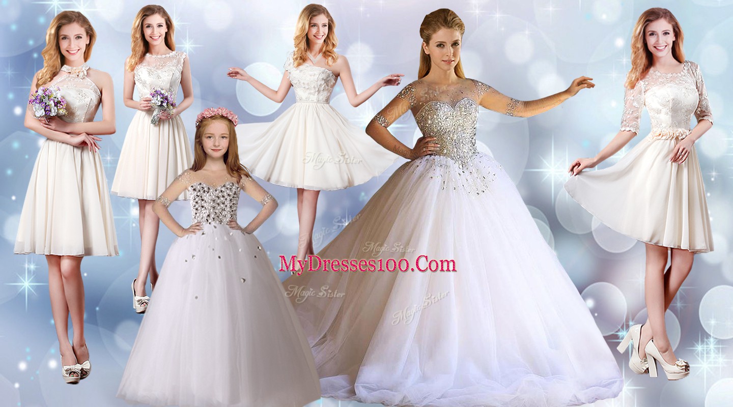 Floor Length White Ball Gown Prom Dress Tulle Half Sleeves Beading