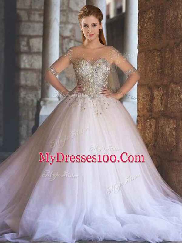 Floor Length White Ball Gown Prom Dress Tulle Half Sleeves Beading