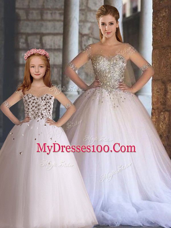 Floor Length White Ball Gown Prom Dress Tulle Half Sleeves Beading