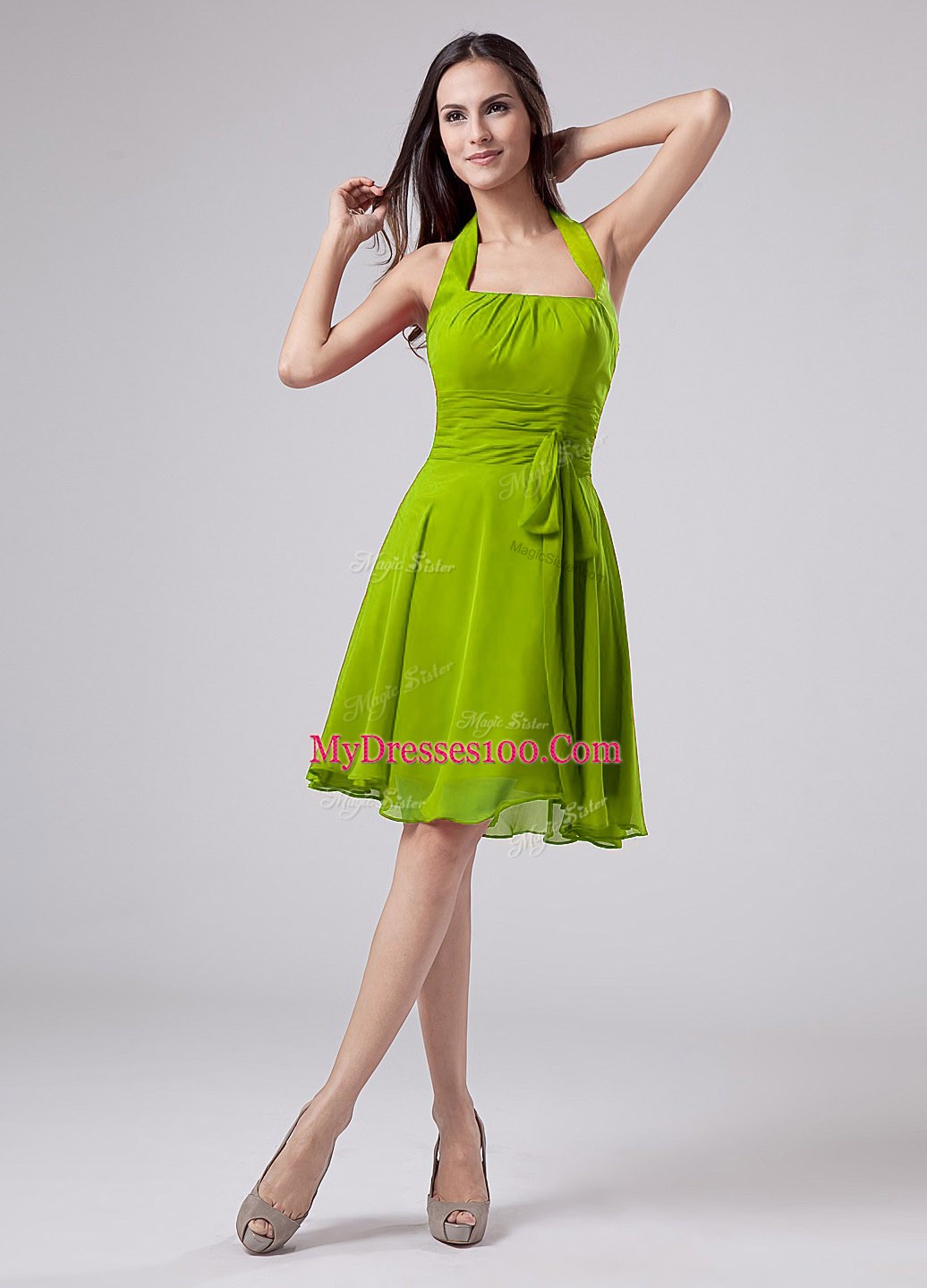 Sweet Halter Top Sleeveless Chiffon Mother Of The Bride Dress Ruching Zipper