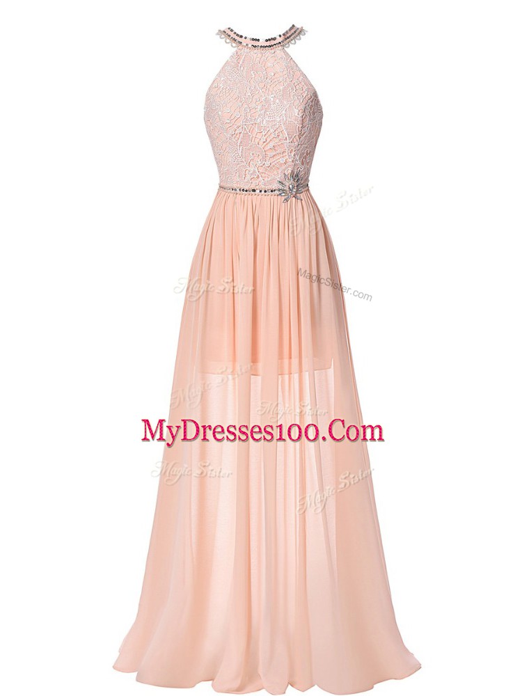 Floor Length Empire Sleeveless Peach Homecoming Dress Backless