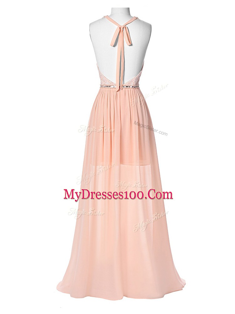 Floor Length Empire Sleeveless Peach Homecoming Dress Backless