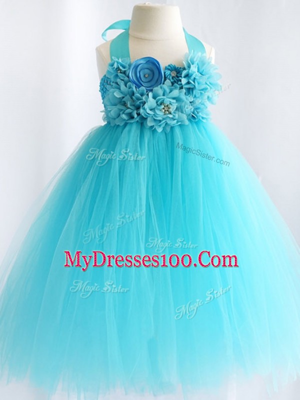 Aqua Blue Little Girl Pageant Dress Wedding Party with Hand Made Flower Halter Top Sleeveless Side Zipper
