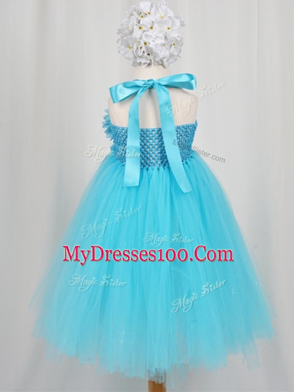 Aqua Blue Little Girl Pageant Dress Wedding Party with Hand Made Flower Halter Top Sleeveless Side Zipper
