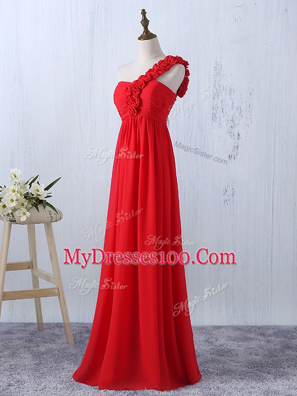 One Shoulder Sleeveless Bridesmaid Gown Floor Length Hand Made Flower Red Chiffon
