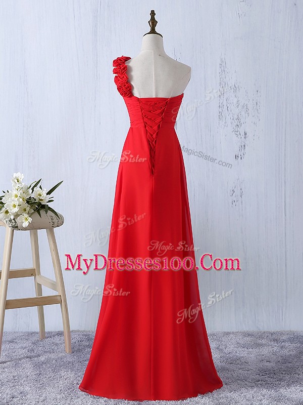 One Shoulder Sleeveless Bridesmaid Gown Floor Length Hand Made Flower Red Chiffon